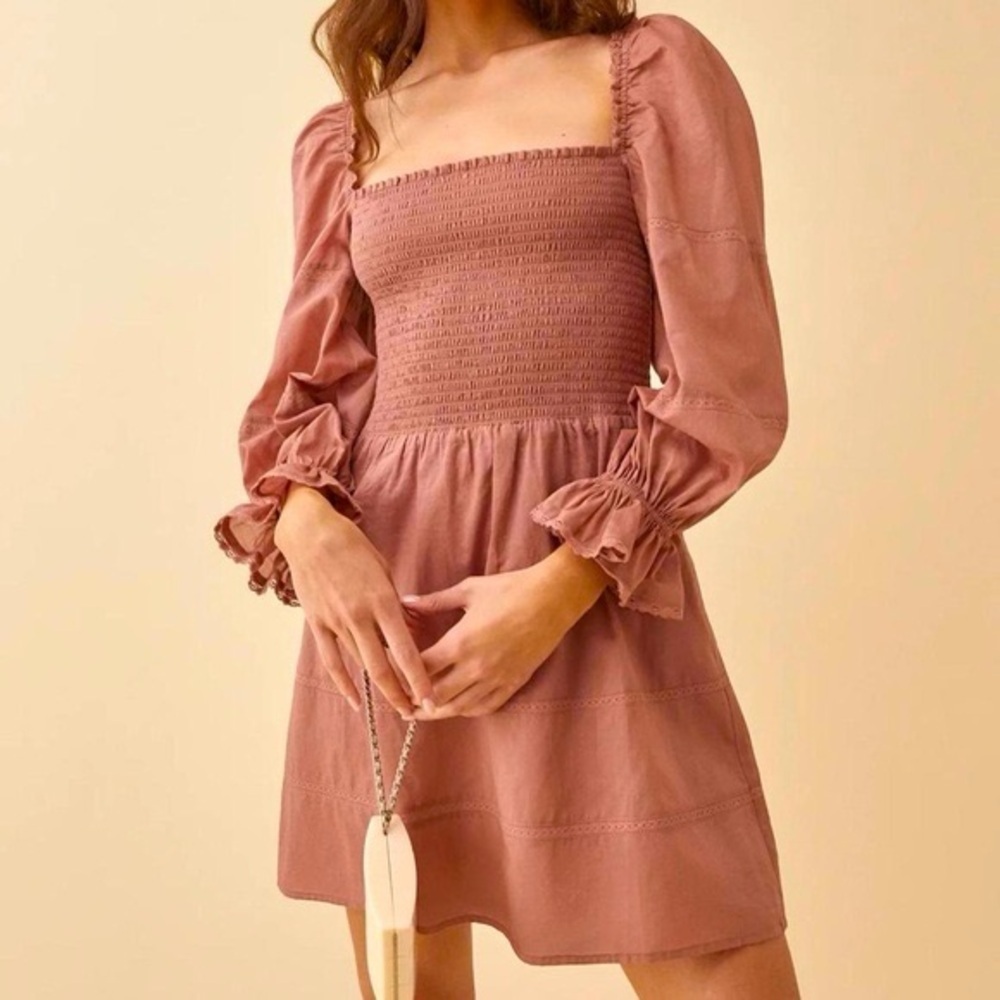 Reformation Dunes Smocked Long Sleeve Mini Dress Praline Pink Rose‎